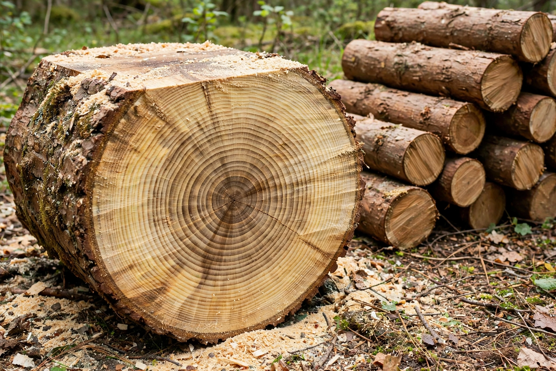Freshly cut stump showing growth rings beside stacked logs